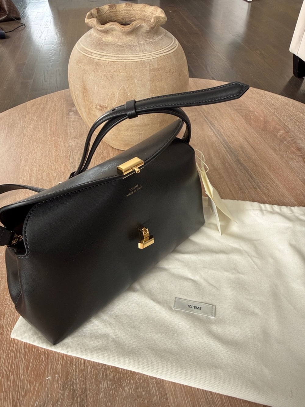 Toteme Black Leather Shoulder Bag with Gold Hardware